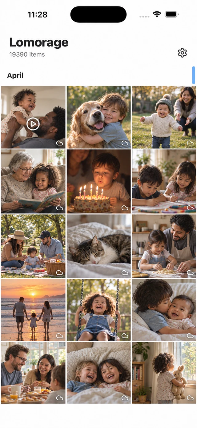 LomoMobile gallery illustration with family moments, children and pets